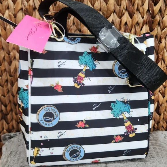 NWT Betsey Johnson "Caviar & Bubbly" Insulated Lunch Tote Chic Striped Bag - Picture 8 of 17